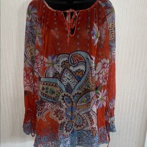Johnny Was Women's orange floral sheer Paisley Top